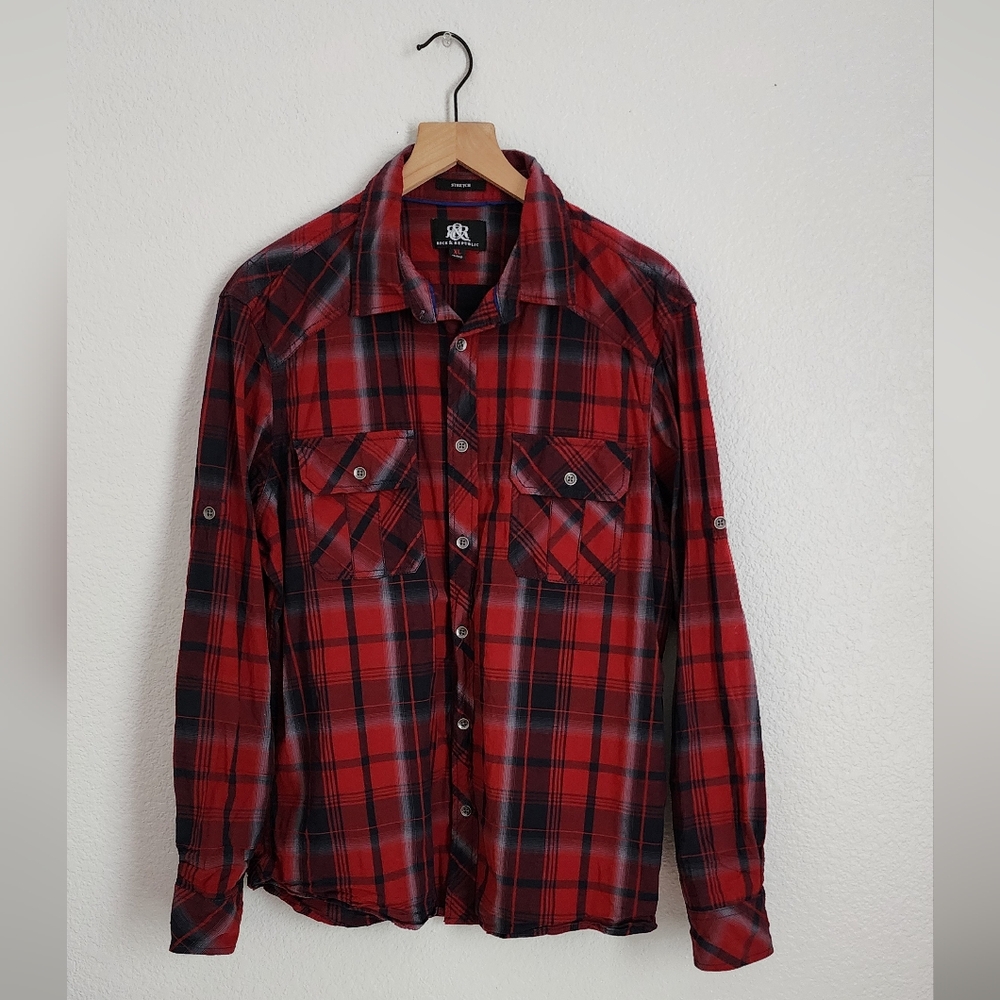 Rock & Republic Stretch Red Plaid Men's XL Casual Long Sleeve Western Shirt